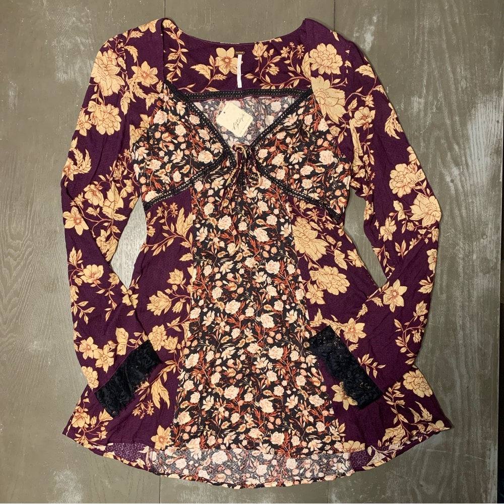 Floral Mix-Print Long Sleeve Dress - Purple